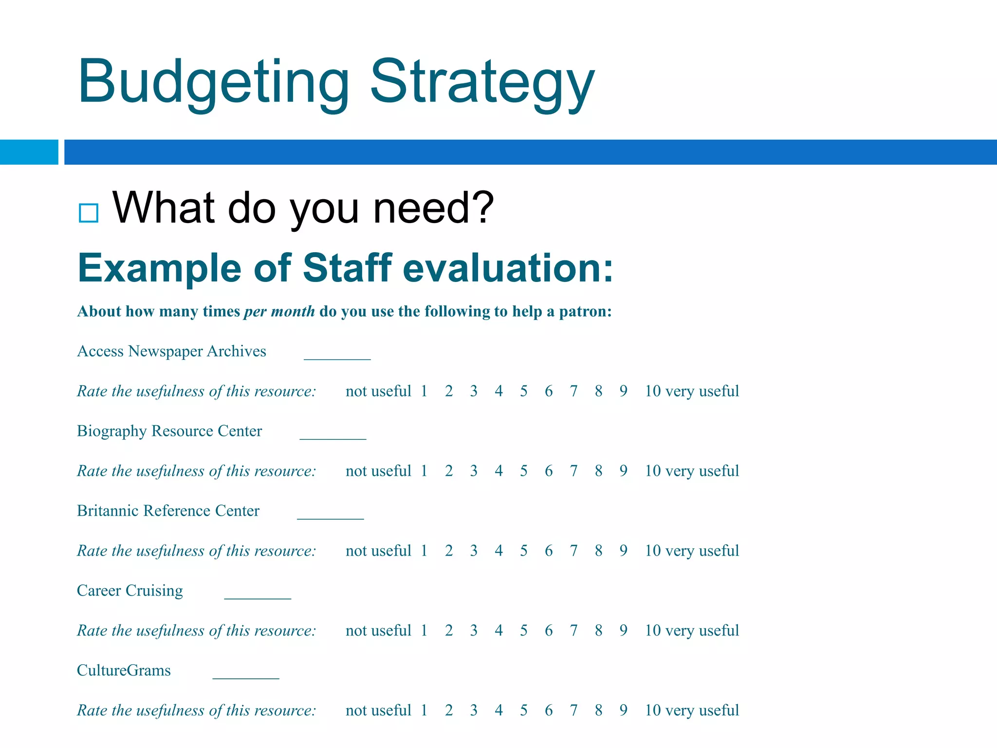 Budgeting Strategy
 What do you need?
Example of Staff evaluation:
About how many times per month do you use the following to help a patron:
Access Newspaper Archives ________
Rate the usefulness of this resource: not useful 1 2 3 4 5 6 7 8 9 10 very useful
Biography Resource Center ________
Rate the usefulness of this resource: not useful 1 2 3 4 5 6 7 8 9 10 very useful
Britannic Reference Center ________
Rate the usefulness of this resource: not useful 1 2 3 4 5 6 7 8 9 10 very useful
Career Cruising ________
Rate the usefulness of this resource: not useful 1 2 3 4 5 6 7 8 9 10 very useful
CultureGrams ________
Rate the usefulness of this resource: not useful 1 2 3 4 5 6 7 8 9 10 very useful
 