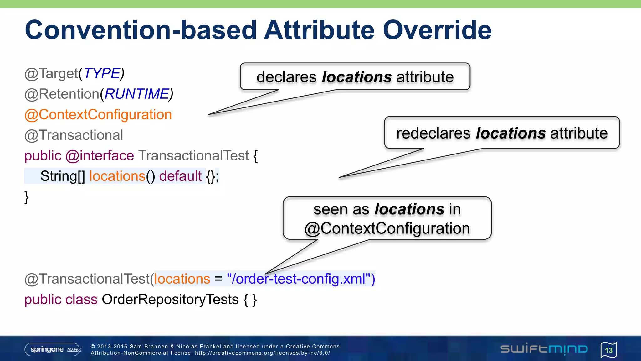 © 2013-2015 Sam Brannen & Nicolas Fränkel and licensed under a Creative Commons
Attribution-NonCommercial license: http://creativecommons.org/licenses/by -nc/3.0/
Convention-based Attribute Override
@Target(TYPE)
@Retention(RUNTIME)
@ContextConfiguration
@Transactional
public @interface TransactionalTest {
String[] locations() default {};
}
@TransactionalTest(locations = "/order-test-config.xml")
public class OrderRepositoryTests { }
13
seen as locations in
@ContextConfiguration
redeclares locations attribute
declares locations attribute
 