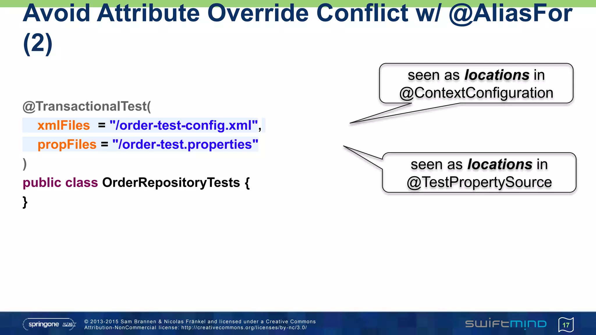 © 2013-2015 Sam Brannen & Nicolas Fränkel and licensed under a Creative Commons
Attribution-NonCommercial license: http://creativecommons.org/licenses/by -nc/3.0/
Avoid Attribute Override Conflict w/ @AliasFor
(2)
@TransactionalTest(
xmlFiles = "/order-test-config.xml",
propFiles = "/order-test.properties"
)
public class OrderRepositoryTests {
}
17
seen as locations in
@ContextConfiguration
seen as locations in
@TestPropertySource
 