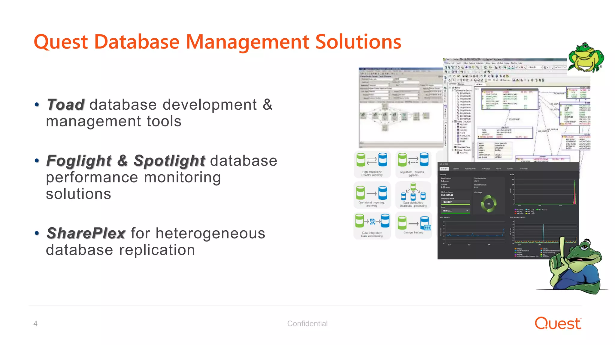 Confidential4
• Toad database development &
management tools
• Foglight & Spotlight database
performance monitoring
solutions
• SharePlex for heterogeneous
database replication
Quest Database Management Solutions
 