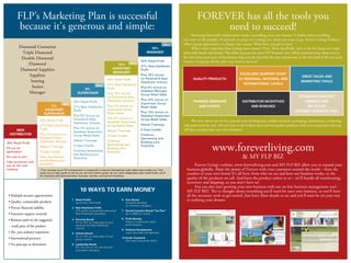 NEW
DISTRIBUTOR
18% Retail Profit
Fill out an
application
No cost to join
Take someone with
you to the next
meeting
5%
ASSISTANT
SUPERVISOR
8%
SUPERVISOR
43% Retail Profit
21% New Distributor
Profit
Plus 8% bonus on
Personal & New
Distributor Volume
Plus 3% bonus on
Assistant Supervisor
Group Retail Sales
Attend Trainings
4 Case Credits
Continue Sponsoring
and Building your
Downline
13%
ASSISTANT
MANAGER
43% Retail Profit
21% New Distributor
Profit
Plus 13% bonus
on Personal & New
Distributor Volume
Plus 5% bonus on
Supervisor Group
Retail Sales
Plus 8% bonus on
Assistant Supervisor
Group Retail Sales
Attend Trainings
4 Case Credits
Continue
Sponsoring and
Building your
Downline
18%
MANAGER
43% Retail Profit
21% New Distributor
Profit
Plus 18% bonus
on Personal & New
Distributor Volume
Plus 5% bonus on
Assistant Manager
Group Retail Sales
Plus 10% bonus on
Supervisor Group
Retail Sales
Plus 13% bonus on
Assistant Supervisor
Group Retail Sales
Attend Trainings
4 Case Credits
Continue
Sponsoring and
Building your
Downline
• Multiple income opportunities
• Quality, consumable products
• Proven financial stability
• Extensive support network
• Bonuses paid on the suggested
	 retail price of the product
• 30+ year industry experience
• International presence
• No pass-ups or demotions
1.	 Retail Profit$
	 Up to 43% retail profit
2. New Distributor Profit
	 21% profit on personally-sponsored
New Distributor purchases
3.	 Personal Bonu$
	 5% to 18% on retail sales of your
personal and New Distributor
volume
4.	 Volume Bonu$
	 3% to 13% on retail sales of your
group volume
5.	 Leadership Bonu$
	 6%, 3%, 2% on 1st, 2nd and 3rd 		
generation managers
6.	 Gem Bonu$
	 Increased earnings 		
on downline managers
7.	 Earned Incentive Bonu$/“Car Plan”
	 Up to $800 per month
8.	 Profit $haring
	 Share in a generous yearly
profit program
9.	 Per$onal Development
	 Learn new skills and attitudes
10.	Exotic Vacation$
	 Earn trips around the world
Diamond Centurion
Triple Diamond
Double Diamond
Diamond
Diamond Sapphire
Sapphire
Soaring
Senior
Manager
10 WAYS TO EARN MONEY
FLP’s M­arketing Plan is successful
because it’s generous and simple:
*Your success as an FLP entrepreneur is measured in internal international units called case credits (cc). This
gives you an easy guide to use as you set and achieve goals. As you reach designated case credit levels, you’ll
be rewarded with advancements, bonuses, awards, and earned incentives.
2cc*
25cc*
75cc*
120cc*
­­­QUALITY PRODUCTS
­­­EXCELLENT SUPPORT STAFF
AT REGIONAL, NATIONAL AND
INTERNATIONAL LEVELS
GREAT SALES AND
MARKETING TOOLS
TRAINING SEMINARS
AND EVENTS
DISTRIBUTOR INCENTIVES
AND BONUSES
EXTENSIVE COMPANY
WEBSITE AND
MY FLP BIZ
INTERNET BUSINESS TOOL
FOREVER has all the tools you
need to succeed!
www.foreverliving.com
& MY FLP BIZ
	 Becoming financially independent means controlling your own destiny. It makes almost anything
you want in life possible. If your job or career isn’t taking you where you want to go, Forever Living Products
offers a great opportunity to change your course. What have you got to lose?
	 What’s more important than earning more money? Time. More specifically, time to do the things you enjoy
most with family and friends. The effort you put into your FLP business now will be returned many times over as
the sales from your team of distributors help provide you with the time and income to live the kind of life you want.
Forever Living has all the tools you need to succeed:
	 Forever Living’s website, www.foreverliving.com and MY FLP BIZ allow you to expand your
business globally. Share the power of Forever with your customers around the world – from the
comfort of your own home! It’s all here: from who we are and how our business works, to the
quality of the products we sell. And leave the product orders to us – we’ll handle all warehousing,
inventory and shipping, so you don’t have to!
	 You can also start growing your new business with our on-line business management tool -
MY FLP BIZ! We’ve thought about everything you’ll need for your own business, so you’ll have
all the necessary tools to get started. Just leave these details to us, and you’ll soon be on your way
to realizing your dreams.
	 We have taken care of the research and development, market research, packaging, distribution, marketing
and paperwork for you. All you have to do is share these proven quality products with your customers and you
will have created your very own business!
43% Retail Profit
21% New Distributor
Profit
Plus 5% bonus on
Personal & New
Distributor Volume
Attend Trainings
4 Case Credits
Start Sponsoring
and Building your
Downline
 