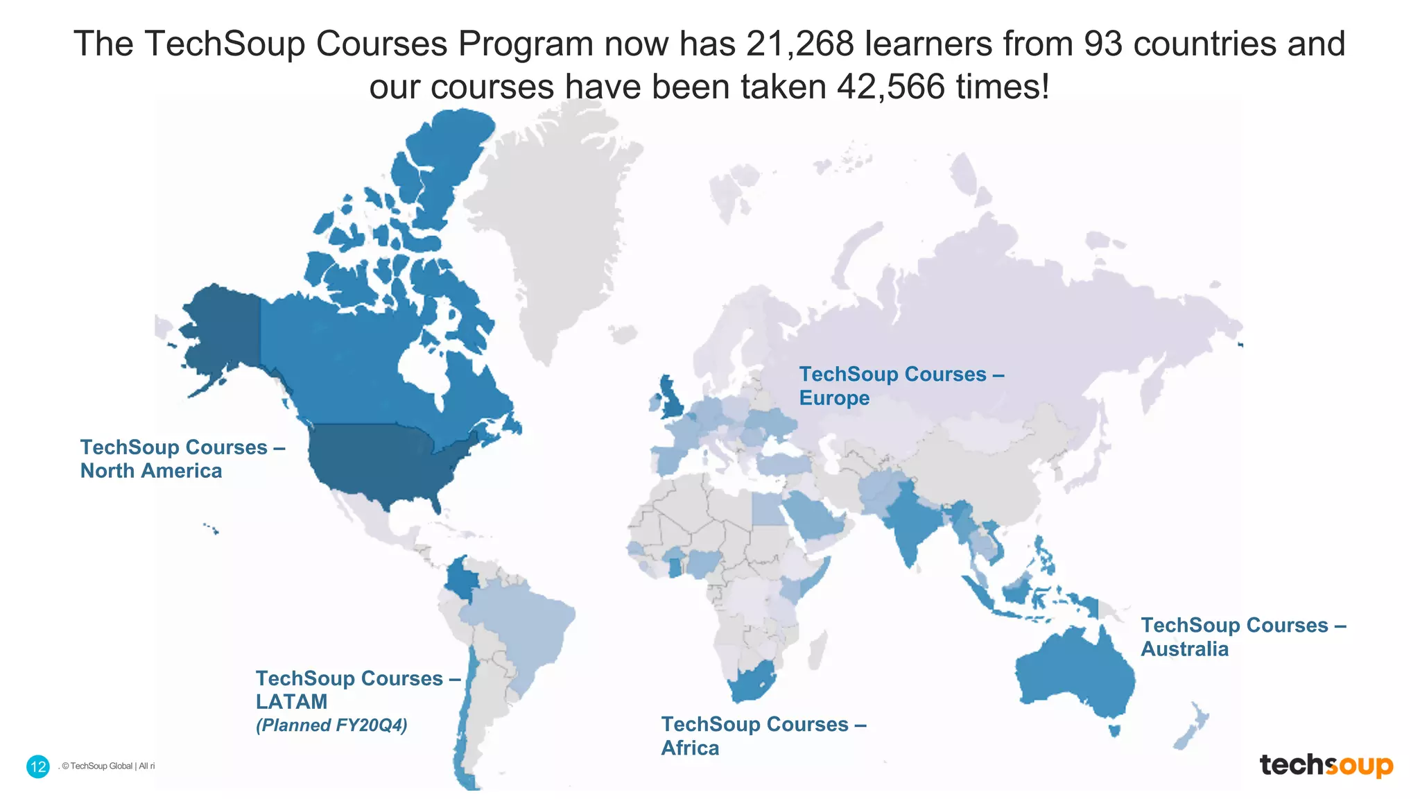 . © TechSoup Global | All rights reserved12
The TechSoup Courses Program now has 21,268 learners from 93 countries and
our courses have been taken 42,566 times!
TechSoup Courses –
North America
TechSoup Courses –
Europe
TechSoup Courses –
Australia
TechSoup Courses –
Africa
TechSoup Courses –
LATAM
(Planned FY20Q4)
 
