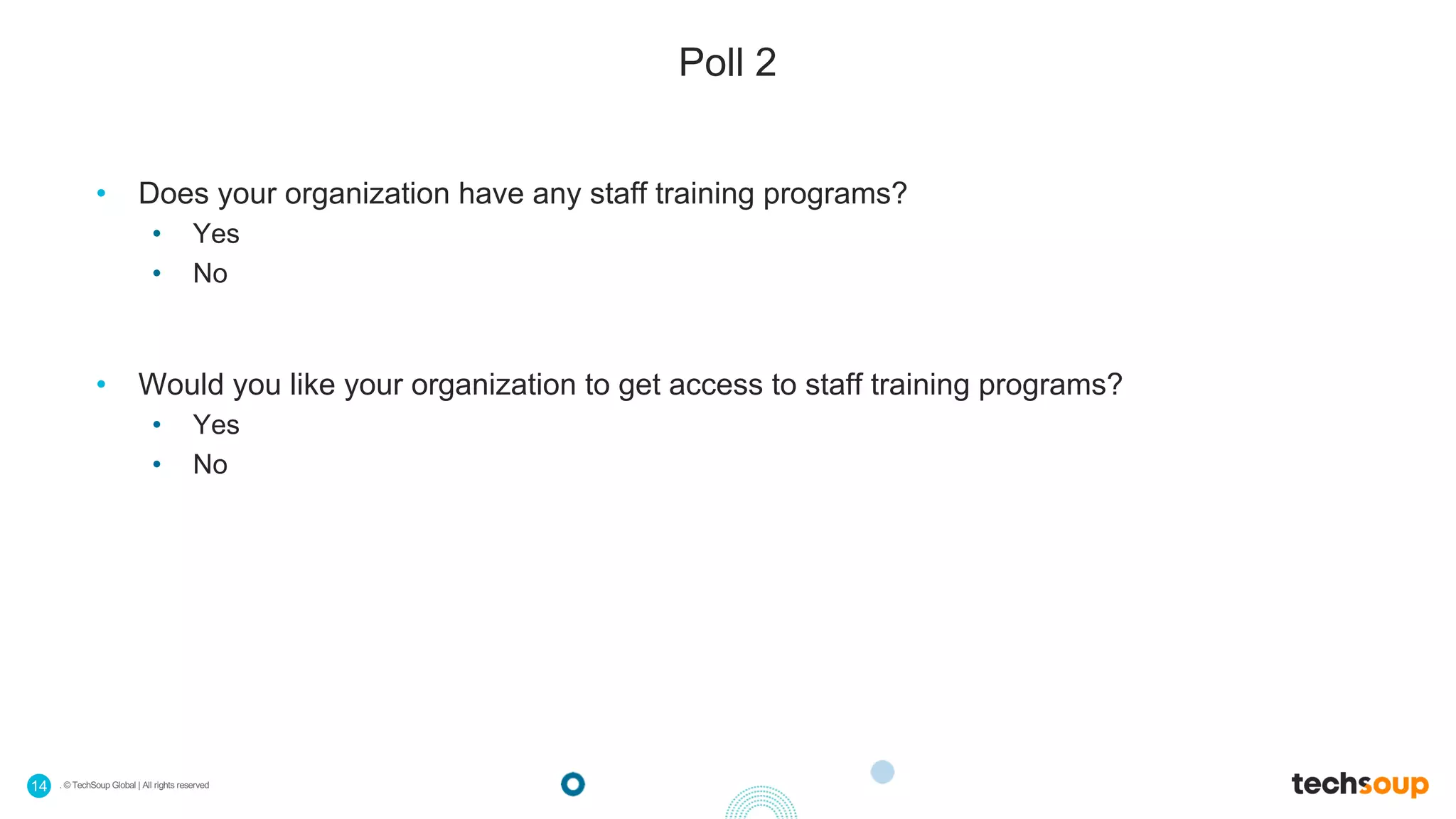 . © TechSoup Global | All rights reserved14
Poll 2
• Does your organization have any staff training programs?
• Yes
• No
• Would you like your organization to get access to staff training programs?
• Yes
• No
 
