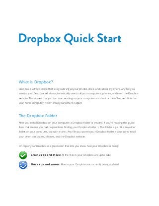 Dropbox Quick Start

What is Dropbox?
Dropbox is a free service that lets you bring all your photos, docs, and videos anywhere. Any file you
save to your Dropbox will also automatically save to all your computers, phones, and even the Dropbox
website. This means that you can start working on your computer at school or the office, and finish on
your home computer. Never email yourself a file again!

The Dropbox Folder
After you install Dropbox on your computer, a Dropbox folder is created. If you’re reading this guide,
then that means you had no problems finding your Dropbox folder :). This folder is just like any other
folder on your computer, but with a twist. Any file you save to your Dropbox folder is also saved to all
your other computers, phones, and the Dropbox website.
On top of your Dropbox is a green icon that lets you know how your Dropbox is doing:
	

Green circle and check: All the files in your Dropbox are up to date.

	

Blue circle and arrows: Files in your Dropbox are currently being updated.

 