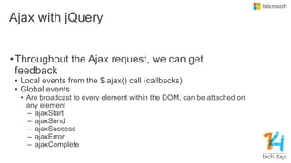 Ajax with jQuery
•Throughout the Ajax request, we can get
feedback
• Local events from the $.ajax() call (callbacks)
• Global events
• Are broadcast to every element within the DOM, can be attached on
any element
– ajaxStart
– ajaxSend
– ajaxSuccess
– ajaxError
– ajaxComplete
 