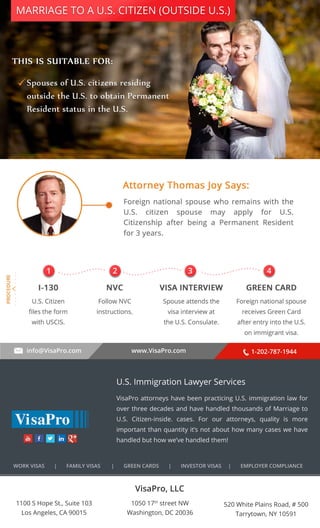 MARRIAGE TO A U.S. CITIZEN (OUTSIDE U.S.) 
. . . . . . . . . . 
1 2 3 4 
info@VisaPro.com www.VisaPro.com 1-202-787-1944 
VisaPro, LLC 
1050 17th street NW 
Washington, DC 20036 
520 White Plains Road, # 500 
Tarrytown, NY 10591 
1100 S Hope St., Suite 103 
Los Angeles, CA 90015 
U.S. Immigration Lawyer Services 
VisaPro attorneys have been practicing U.S. immigration law for 
over three decades and have handled thousands of Marriage to 
U.S. Citizen-inside. cases. For our attorneys, quality is more 
important than quantity it’s not about how many cases we have 
handled but how we’ve handled them! 
WORK VISAS | FAMILY VISAS | GREEN CARDS | INVESTOR VISAS | EMPLOYER COMPLIANCE 
