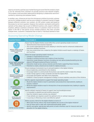 GETTING DIGITAL RIGHT 7
reports are barely used because market-facing personnel feel the analytics team
is too far removed from customers to provide practical and relevant insights.
This problem could have been addressed by designing a collaborative work envi-
ronment or dissolving silos between teams.
In another case, a financial services firm introduced a hotline to provide customer
service for multiple products and services instead of customers having to toggle
between different customer care numbers. An IVR system routed calls based on
the product or service in question. However, the customer care teams continued to
operate as they always had, as part of different business units, based in different
locations, without a seamless connection. Hence, if customers chose an incorrect
option in the IVR or had queries across multiple products, they were rerouted
multiple times. Customers complained that no team or individual seemed to have
Figure 3
Assessing Operating Model Change
Essential Element How to Enable It
IDENTIFY IMPACT ON THE
CURRENT OPERATING
MODEL
Assess how the digital initiative would affect the current operating model in terms of:
•	Teams/functions that would be impacted.
•	The current organizational structure, keeping in mind the need for enhanced collaboration/
interaction between functions.
•	How new products/services created by the digital initiative would require a redesign of teams
and functions.
DEFINE TARGET OPERATING
MODEL AND DESIGN FOR
COLLABORATION
Define the target operating model in terms of:
•	Changes in organizational structure.
•	Changes to existing functions and creation of new functions.
•	Interaction model between functions (including not only delivery/sales/marketing but also
adjacent HR/legal/compliance/finance functions).
•	Interaction model across various channels and the teams supporting those channels.
•	Potential to create a shared service model for digital processes.
DEVELOP A CHANGE AND
PROGRAM MANAGEMENT
APPROACH
Ensure employee involvement, buy-in and participation in the digital initiative:
•	Ensure leadership commitment to the initiative.
•	Encourage leaders to communicate the business case and the need to make this change.
•	Create change agents to help coordinate and lead the digital effort.
•	Encourage participation and ideas from employees.
•	Establish a robust program management strategy to ensure seamless execution of the initiative.
DETERMINE CAPACITY
REQUIREMENTS
Identify capacity requirements to support the target operating model:
•	Would the digital initiative result in automation and productivity improvements, leading to
capacity creation?
•	Would the digital initiative result in introduction of new processes/services, leading to capacity
requirements?
DEFINE SKILLSET
REQUIREMENTS
Identify skillsets required of teams to support new functionality/processes:
•	Is it possible to upskill/cross-skill existing resources?
•	Does the initiative require entirely new skillsets?
•	If new skillsets are required, would it be optimal to hire or contract resources?
•	Is sourcing or offshoring a more cost-effective option?
DEFINE SUCCESS CRITERIA
Define success criteria for the digital initiative in terms of:
•	What is/are the key metrics that would establish the success of the digital initiative?
•	How do these metrics align with organizational/strategic goals?
•	Identify and gather appropriate data points to build a business case for resource and cost
allocation for the digital initiative.
 