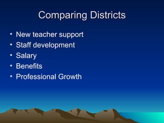 Comparing Districts New teacher support Staff development Salary Benefits Professional Growth 
