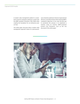 Cognizant 20-20 Insights
Getting IDMP Ready via Modern Product Data Management | 2
A modern data management platform is essen-
tial to pharma companies seeking to comply with
the IDMP mandate of Iteration 1 (Q4, 2018), while
creating the foundation for an enterprise prod-
uct hub.
This white paper discusses what a modern data
management approach means for pharmaceuti-
cals companies seeking to improve organizational
efficiency and effectiveness while meeting IDMP’s
compliance objectives. In our view, the best way
to accelerate this process is to implement a
solution using an existing IDMP-compliant
product hub framework, such as the one
discussed in this white paper.
 