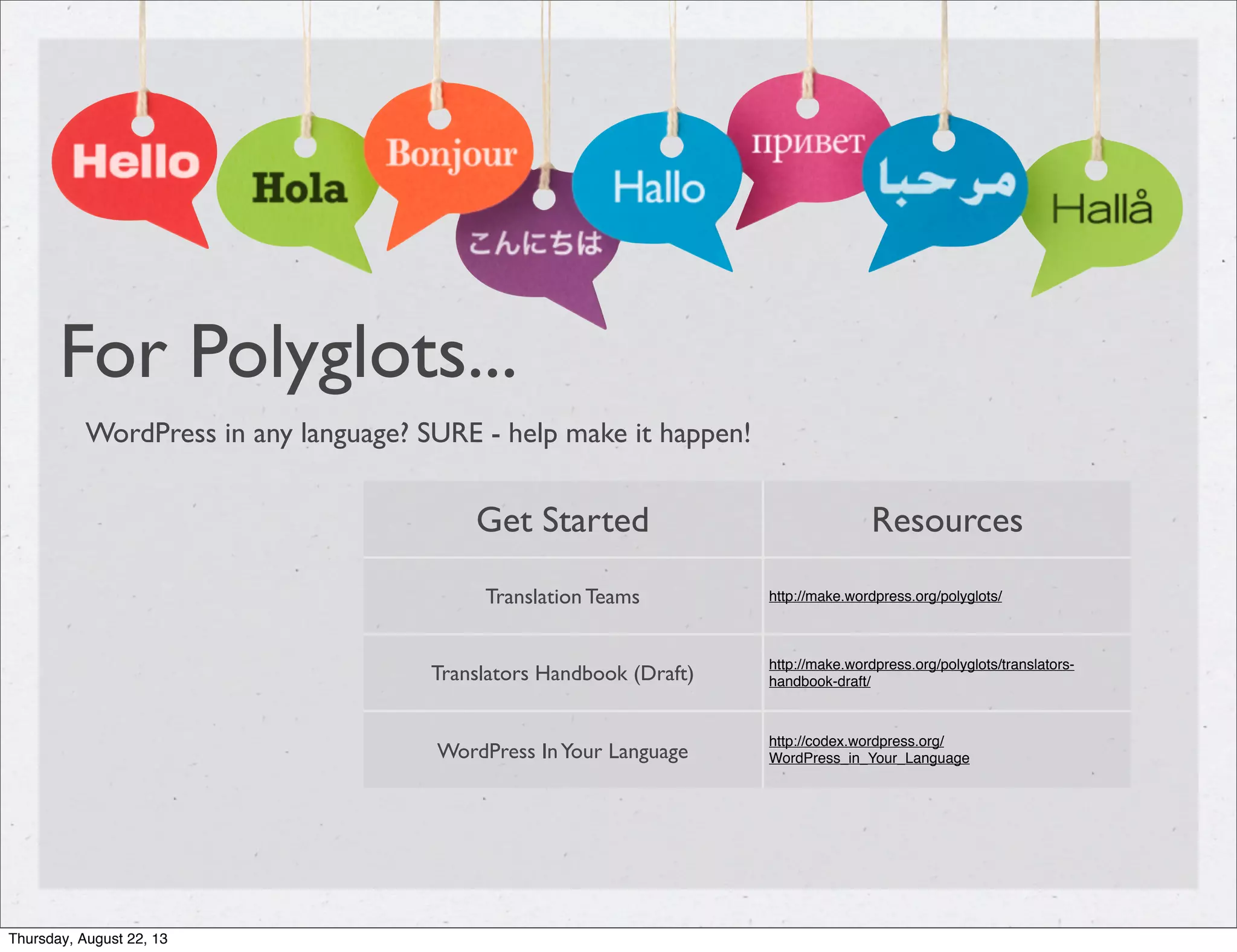 For Polyglots...
WordPress in any language? SURE - help make it happen!
Get Started Resources
Translation Teams http://make.wordpress.org/polyglots/
Translators Handbook (Draft)
http://make.wordpress.org/polyglots/translators-
handbook-draft/
WordPress InYour Language
http://codex.wordpress.org/
WordPress_in_Your_Language
Thursday, August 22, 13
 