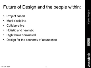 Future of Design and the people within: <ul><li>Project based </li></ul><ul><li>Multi-discipline </li></ul><ul><li>Collabo...