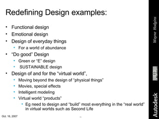 Redefining Design examples: <ul><li>Functional design </li></ul><ul><li>Emotional design </li></ul><ul><li>Design of every...