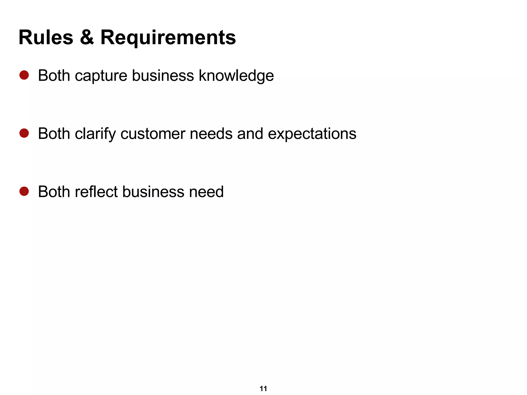 Rules & Requirements Both capture business knowledge Both clarify customer needs and expectations Both reflect business need 