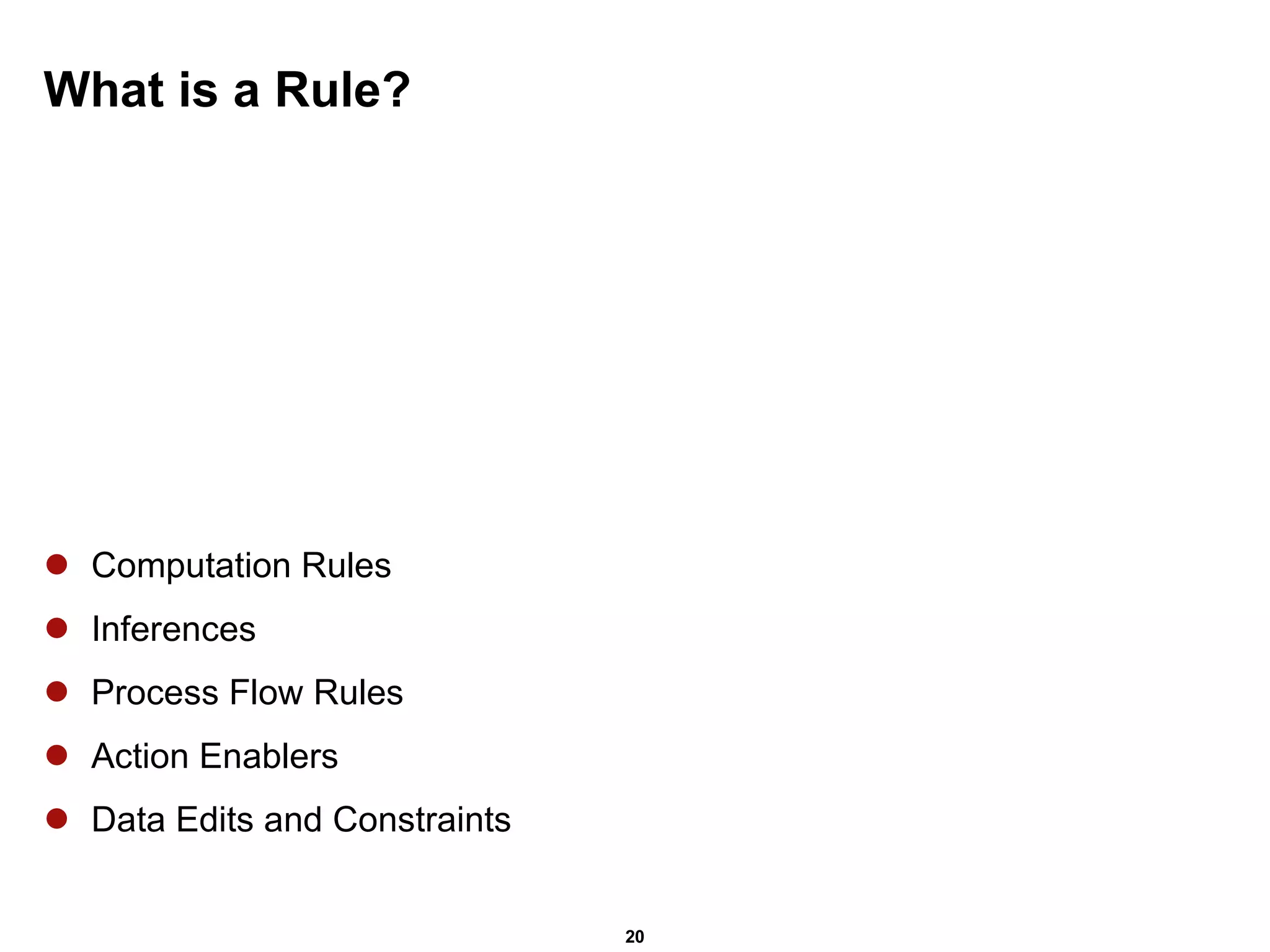 What is a Rule? Computation Rules Inferences Process Flow Rules Action Enablers Data Edits and Constraints 