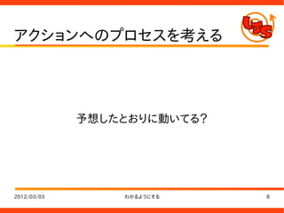 アクションへのプロセスを考える




             予想したとおりに動いてる？




2012/03/03       わかるようにする    8
 