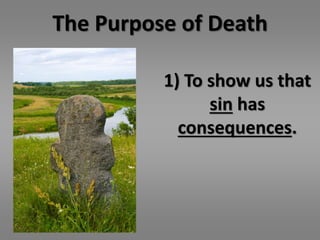 The Purpose of Death 
1) To show us that 
sin has 
consequences. 
 