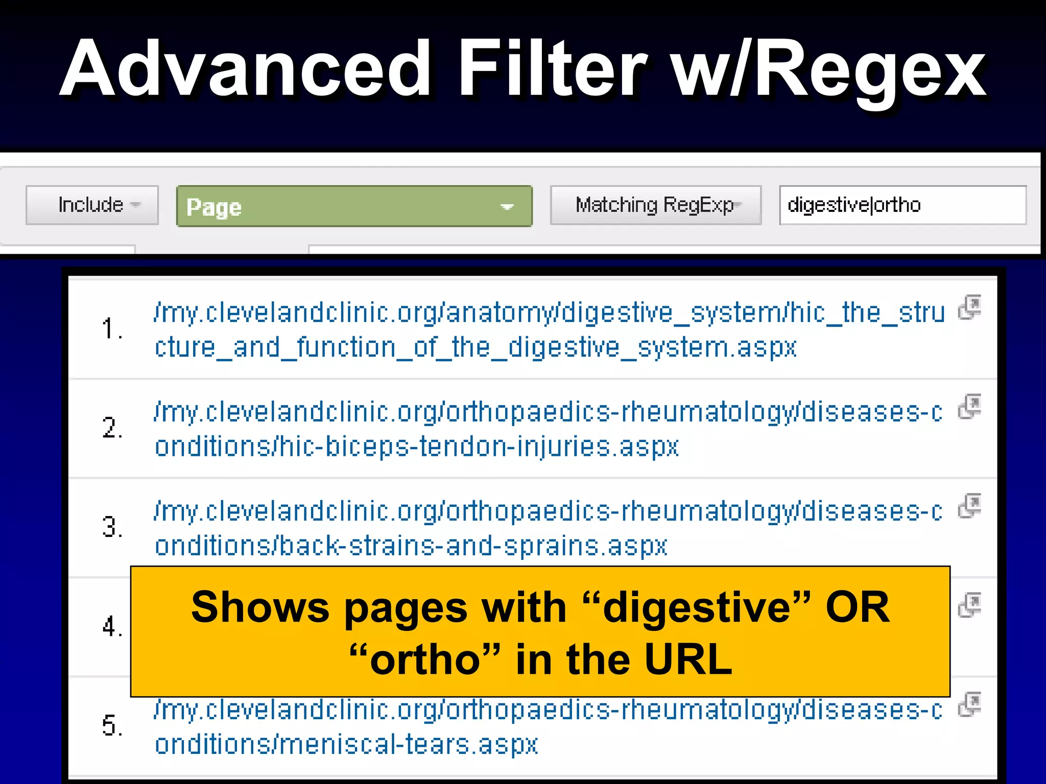 Advanced Filter w/Regex
Shows pages with “digestive” OR
“ortho” in the URL
 