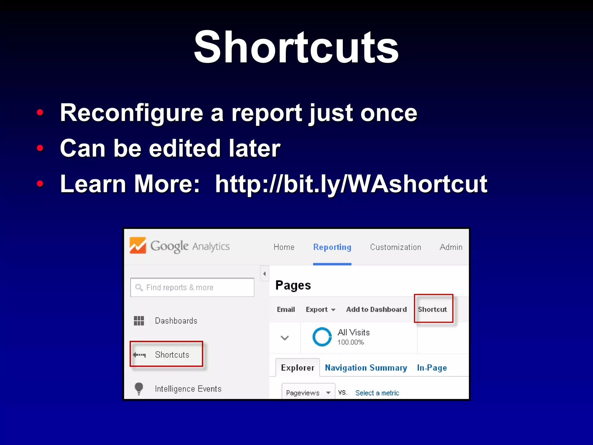 • Reconfigure a report just once
• Can be edited later
• Learn More: http://bit.ly/WAshortcut
Shortcuts
 