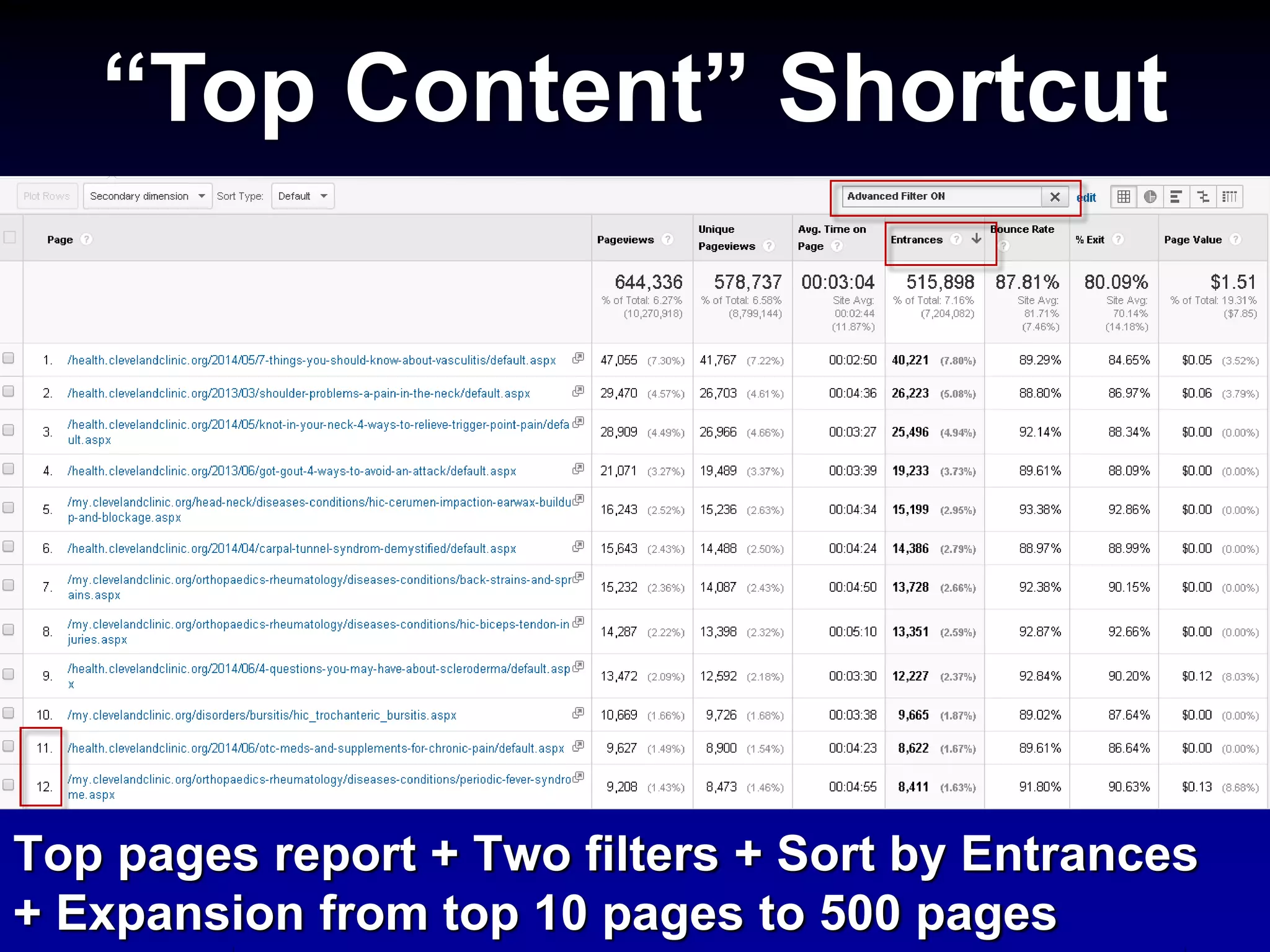 Top pages report + Two filters + Sort by Entrances
+ Expansion from top 10 pages to 500 pages
“Top Content” Shortcut
 