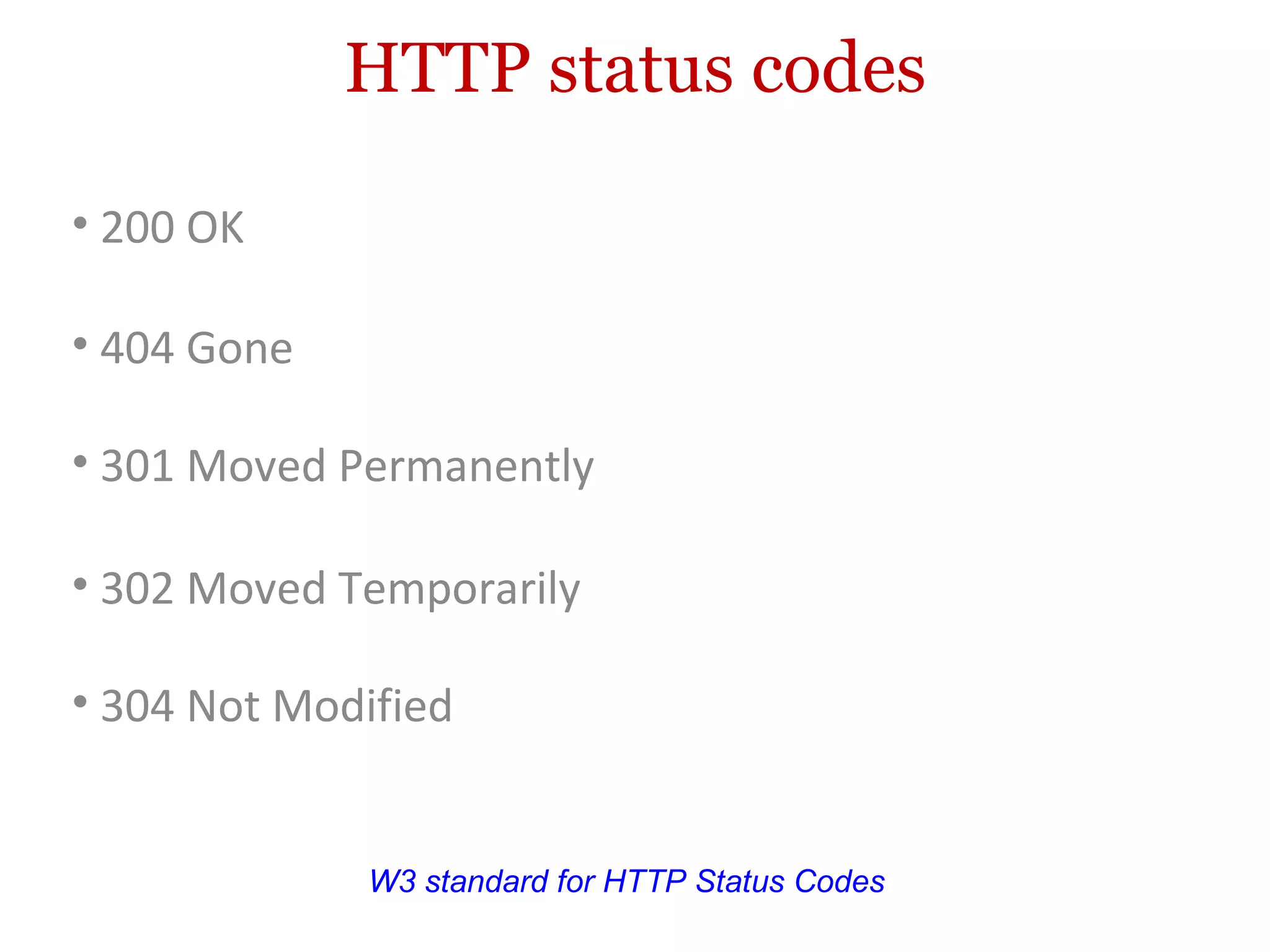 HTTP status codes 200 OK W3 standard for HTTP Status Codes 304 Not Modified 404 Gone 301 Moved Permanently 302 Moved Temporarily 