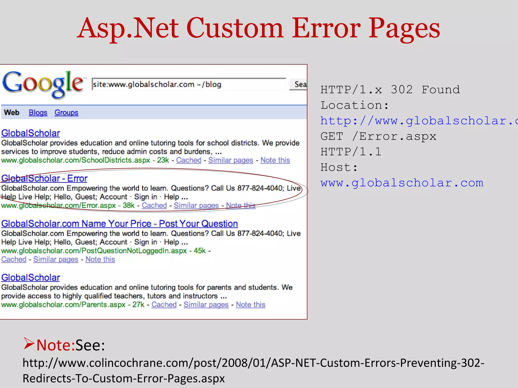 Asp.Net Custom Error Pages HTTP/1.x 302 Found Location:  http://www.globalscholar.com/Error.aspx GET /Error.aspx HTTP/1.1 Host:  www.globalscholar.com Note: See:  http://www.colincochrane.com/post/2008/01/ASP-NET-Custom-Errors-Preventing-302-Redirects-To-Custom-Error-Pages.aspx 