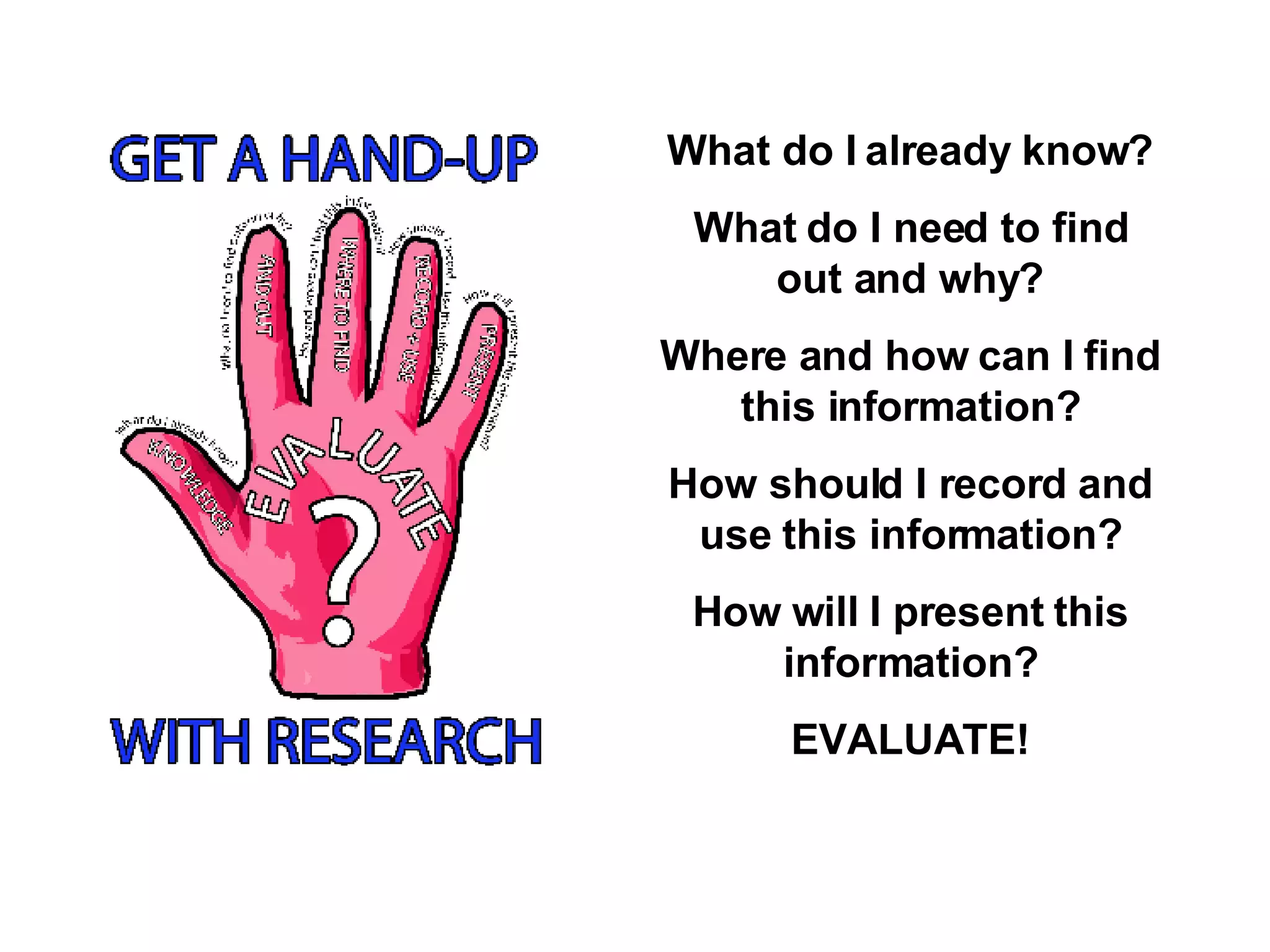 What do I already know? What do I need to find out and why? Where and how can I find this information? How should I record and use this information? How will I present this information? EVALUATE! 