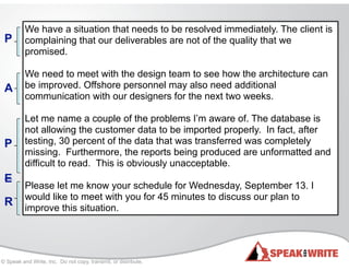 © Speak and Write, Inc. Do not copy, transmit, or distribute.
We have a situation that needs to be resolved immediately. The client is
complaining that our deliverables are not of the quality that we
promised.
!
We need to meet with the design team to see how the architecture can
be improved. Offshore personnel may also need additional
communication with our designers for the next two weeks.
!
Let me name a couple of the problems I’m aware of. The database is
not allowing the customer data to be imported properly. In fact, after
testing, 30 percent of the data that was transferred was completely
missing. Furthermore, the reports being produced are unformatted and
difficult to read. This is obviously unacceptable.
!
Please let me know your schedule for Wednesday, September 13. I
would like to meet with you for 45 minutes to discuss our plan to
improve this situation.
P
A
P
R
E
 