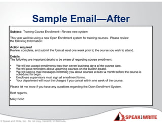 © Speak and Write, Inc. Do not copy, transmit, or distribute.
Sample Email—After
!
Subject: Training Course Enrollment—Review new system
!
This year we’ll be using a new Open Enrollment system for training courses. Please review
the following Information:
!
Action required
Review, complete, and submit the form at least one week prior to the course you wish to attend.
!
Details
The following are important details to be aware of regarding course enrollment:
!
• We will not accept enrollments less than seven business days of the course date.
• We will post reminders about upcoming courses on the bulletin board.
• We will send e-mail messages informing you about courses at least a month before the course is
scheduled to begin.
• Employee supervisors must sign all enrollment forms.
• Your department will incur the charges if you cancel within one week of the course.
!
Please let me know if you have any questions regarding the Open Enrollment System.
!
Best regards,
!
Mary Bond
 