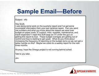 © Speak and Write, Inc. Do not copy, transmit, or distribute.
Sample Email—Before
!
Subject: info
!
Hey Scott,
I was doing some work on the quarterly report and I’ve got some
incomplete information from your last variance report. Can you send
me numbers and what you know about the reason we were over
budget on paper costs, IT support, misc. supplies, maintenance, and
travel expenses? I need this stuff asap as I’m under the gun on
getting this report to Sue. These budget overages are getting out of
control and Sue is starting to get upset. What do you think about
increasing the frequency of reporting on the budget items so we can get a
better handle on this? Maybe we could do a weekly report for the next
three months.
!
Anyway, hope the Omega project is not running behind sched.
!
Talk to you later,
!
Jim
 