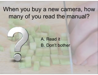 © Speak and Write, Inc. Do not copy, transmit, or distribute.
35
When you buy a new camera, how
many of you read the manual?
A.  Read it
B.  Don’t bother
 