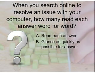 © Speak and Write, Inc. Do not copy, transmit, or distribute.
36
When you search online to
resolve an issue with your
computer, how many read each
answer word for word?
A.  Read each answer
B.  Glance as quickly as
possible for answer
 