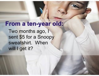 © Speak and Write, Inc. Do not copy, transmit, or distribute.
From a ten-year old:
Two months ago, I
sent $5 for a Snoopy
sweatshirt. When
will I get it?
 