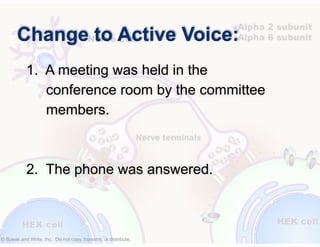 © Speak and Write, Inc. Do not copy, transmit, or distribute.
Change to Active Voice:
1. A meeting was held in the
conference room by the committee
members.
!
!
2. The phone was answered.
 