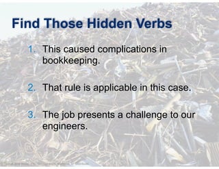 © Speak and Write, Inc. Do not copy, transmit, or distribute.
Find Those Hidden Verbs
1. This caused complications in
bookkeeping.
!
2. That rule is applicable in this case.
!
3. The job presents a challenge to our
engineers.
 