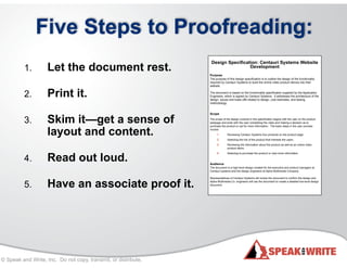 © Speak and Write, Inc. Do not copy, transmit, or distribute.
!Design Specification: Centauri Systems Website
Development!!Purpose
The purpose of this design specification is to outline the design of the functionality
required by Centauri Systems to build the online video product demos into their
website.
The document is based on the functionality specification supplied by the Application
Engineers, which is signed by Centauri Systems. It addresses the architecture of the
design, issues and trade-offs related to design, cost estimates, and testing
methodology.
!Scope
The scope of the design covered in this specification begins with the user on the product
webpage and ends with the user completing the video and making a decision as to
purchase the product or opt for more information. The basic steps in the user process
involve:
1. Reviewing Centauri Systems four products on the product page.
2. Selecting the link of the product that interests the users.
3. Reviewing the information about the product as well as an online video
product demo.
4. Selecting to purchase the product or view more information.
!!Audience
The document is a high-level design created for the executive and product managers at
Centauri systems and the design engineers at Alpha Multimedia Company.
Representatives of Centauri Systems will review the document to confirm the design and
Alpha Multimedia Co. engineers will use the document to create a detailed low-level design
document.
1. Let the document rest.
2. Print it.
3. Skim it—get a sense of
layout and content.
4. Read out loud.
5. Have an associate proof it.
Five Steps to Proofreading:
 