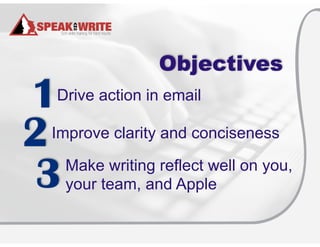© Speak and Write, Inc. Do not copy, transmit, or distribute.
Objectives
Drive action in email1
Improve clarity and conciseness2
3Make writing reflect well on you,
your team, and Apple
 