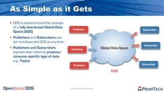 As Simple as it Gets
‣ DDS is based around the concept
 of a fully distributed Global Data
                                         Publisher                                                 Subscriber
 Space (GDS)
‣ Publishers and Subscribers can
 join and leave the GDS at any time
                                                                                                    Subscriber
‣ Publishers and Subscribers           Publisher
                                                                               Global Data Space
 express their intent to produce/
 consume specific type of data,
 e.g., Topics
                                          Publisher                                                Subscriber

                                                                                     DDS



                                      © 2009, PrismTech. All Rights Reserved
 