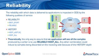 Reliability
The reliability with which data is delivered to applications is impacted in DDS by the
following qualities of service
‣ RELIABILITY
 ‣ BEST_EFORT
 ‣ RELIABLE
‣ HISTORY
 ‣ KEEP_LAST (K)
 ‣ KEEP_ALL
‣ Theoretically, the only way to assure that an application will see all the samples
  produced by a writer is to use RELIABLE+KEEP_ALL. Any other combination could
  induce to samples being discarded on the receiving side because of the HISTORY depth


                                       © 2009, PrismTech. All Rights Reserved
 