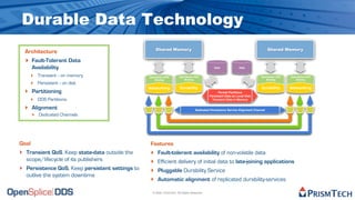 Durable Data Technology
                                                      Shared Memory                                                                  Shared Memory
  Architecture
  ‣ Fault-Tolerant Data
    Availability                                                                               Disk             Disk


    ‣ Transient -- on memory                     OpenSplice DDS        OpenSplice DDS                                          OpenSplice DDS   OpenSplice DDS
                                                    Binding               Binding                                                 Binding          Binding
    ‣ Persistent -- on disk
                                                 Networking            Durability                                              Durability       Networking
  ‣ Partitioning                                                                                  Persist Partitions
                                                                                            Persistent Data on Local Disk
    ‣ DDS Partitions                                                                         Transient Data in Memory


  ‣ Alignment                                                                      Dedicated Persistence Service Alignment Channel
    ‣ Dedicated Channels




Goal                                              Features
‣ Transient QoS. Keep state-data outside the      ‣    Fault-tolerant availability of non-volatile data
  scope/lifecycle of its publishers               ‣    Efficient delivery of initial data to late-joining applications
‣ Persistence QoS. Keep persistent settings to    ‣    Pluggable Durability Service
  outlive the system downtime
                                                  ‣    Automatic alignment of replicated durability-services

                                                   © 2009, PrismTech. All Rights Reserved
 