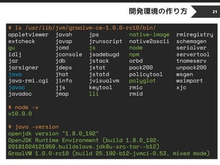 開発環境の作り方 21
$ ls /usr/lib/jvm/graalvm-ce-1.0.0-rc10/bin/
appletviewer javah jps native-image rmiregistry
extcheck javap jrunscript native2ascii schemagen
gu jcmd js node serialver
idlj jconsole jsadebugd npm servertool
jar jdb jstack orbd tnameserv
jarsigner jdeps jstat pack200 unpack200
java jhat jstatd policytool wsgen
java-rmi.cgi jinfo jvisualvm polyglot wsimport
javac jjs keytool rmic xjc
javadoc jmap lli rmid
$ node -v
v10.9.0
$ java -version
openjdk version "1.8.0_192"
OpenJDK Runtime Environment (build 1.8.0_192-
20181024121959.buildslave.jdk8u-src-tar--b12)
GraalVM 1.0.0-rc10 (build 25.192-b12-jvmci-0.53, mixed mode)
 