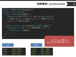 制限事項: synchronized 85
import java.util.ArrayList;
public class Sync2 {
static String hoge() {
ArrayList<String> v = new ArrayList<>();
v.add("Me"); v.add("You"); v.add("Her");
return v.toString();
}
public static void main(String[] args) {
for (int i = 0; i < 10000000; i++) {
String v = hoge();
}
}
}
real 0m2.099s
user 0m3.578s
sys 0m0.393s
real 0m1.700s
user 0m1.591s
sys 0m0.102s
Java Native
Synchronized無しは
Nativeの方が若干速いけど、
 