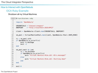 The Cloud Integrator Perspective

How to Interact with OpenNebula
       OCA Ruby Example:
         Shutdown all my Virtual Machines




The OpenNebula Project
 