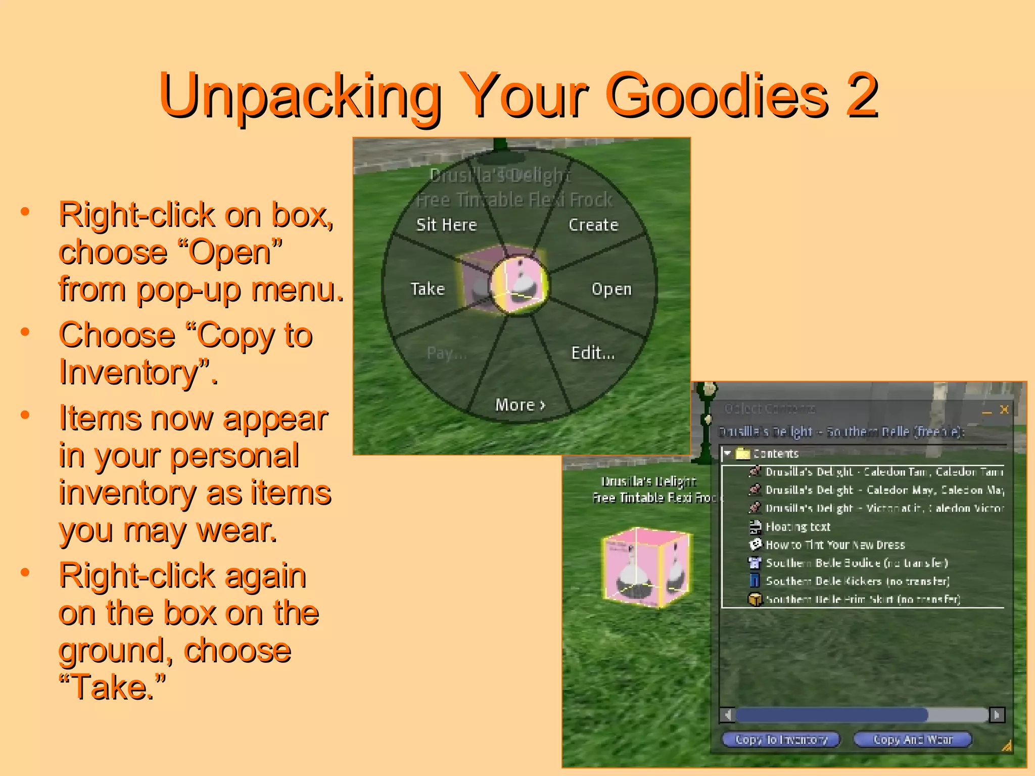 Unpacking Your Goodies 2 Right-click on box, choose “Open” from pop-up menu. Choose “Copy to Inventory”. Items now appear in your personal inventory as items you may wear. Right-click again on the box on the ground, choose “Take.” 