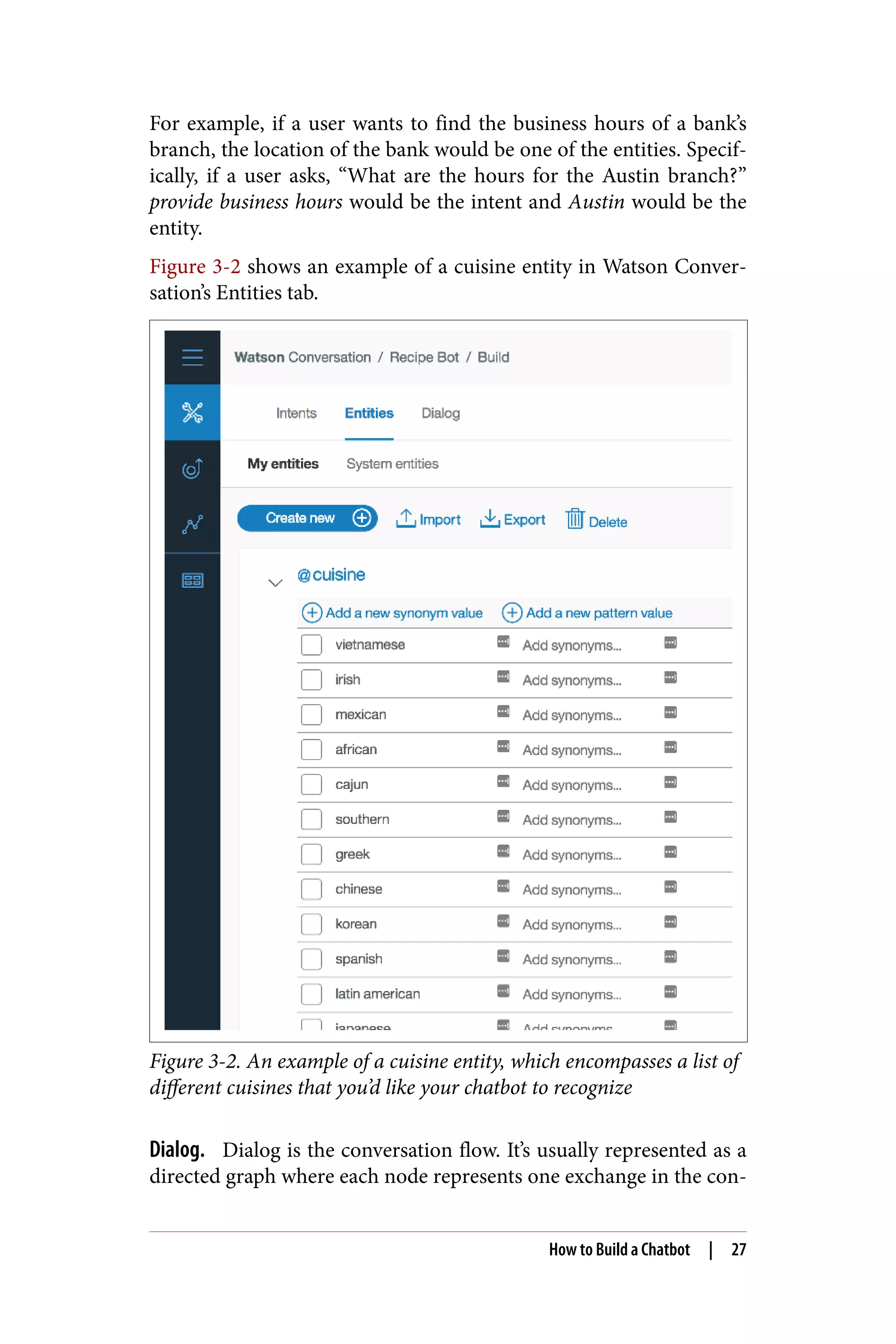 For example, if a user wants to find the business hours of a bank’s
branch, the location of the bank would be one of the entities. Specif‐
ically, if a user asks, “What are the hours for the Austin branch?”
provide business hours would be the intent and Austin would be the
entity.
Figure 3-2 shows an example of a cuisine entity in Watson Conver‐
sation’s Entities tab.
Figure 3-2. An example of a cuisine entity, which encompasses a list of
different cuisines that you’d like your chatbot to recognize
Dialog. Dialog is the conversation flow. It’s usually represented as a
directed graph where each node represents one exchange in the con‐
How to Build a Chatbot | 27
 