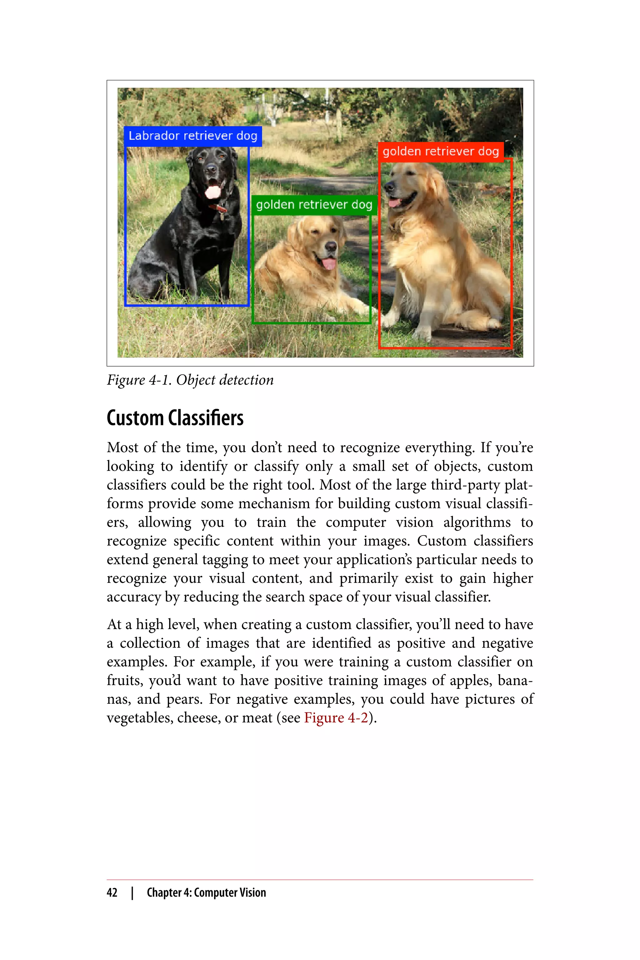 Figure 4-1. Object detection
Custom Classifiers
Most of the time, you don’t need to recognize everything. If you’re
looking to identify or classify only a small set of objects, custom
classifiers could be the right tool. Most of the large third-party plat‐
forms provide some mechanism for building custom visual classifi‐
ers, allowing you to train the computer vision algorithms to
recognize specific content within your images. Custom classifiers
extend general tagging to meet your application’s particular needs to
recognize your visual content, and primarily exist to gain higher
accuracy by reducing the search space of your visual classifier.
At a high level, when creating a custom classifier, you’ll need to have
a collection of images that are identified as positive and negative
examples. For example, if you were training a custom classifier on
fruits, you’d want to have positive training images of apples, bana‐
nas, and pears. For negative examples, you could have pictures of
vegetables, cheese, or meat (see Figure 4-2).
42 | Chapter 4: Computer Vision
 