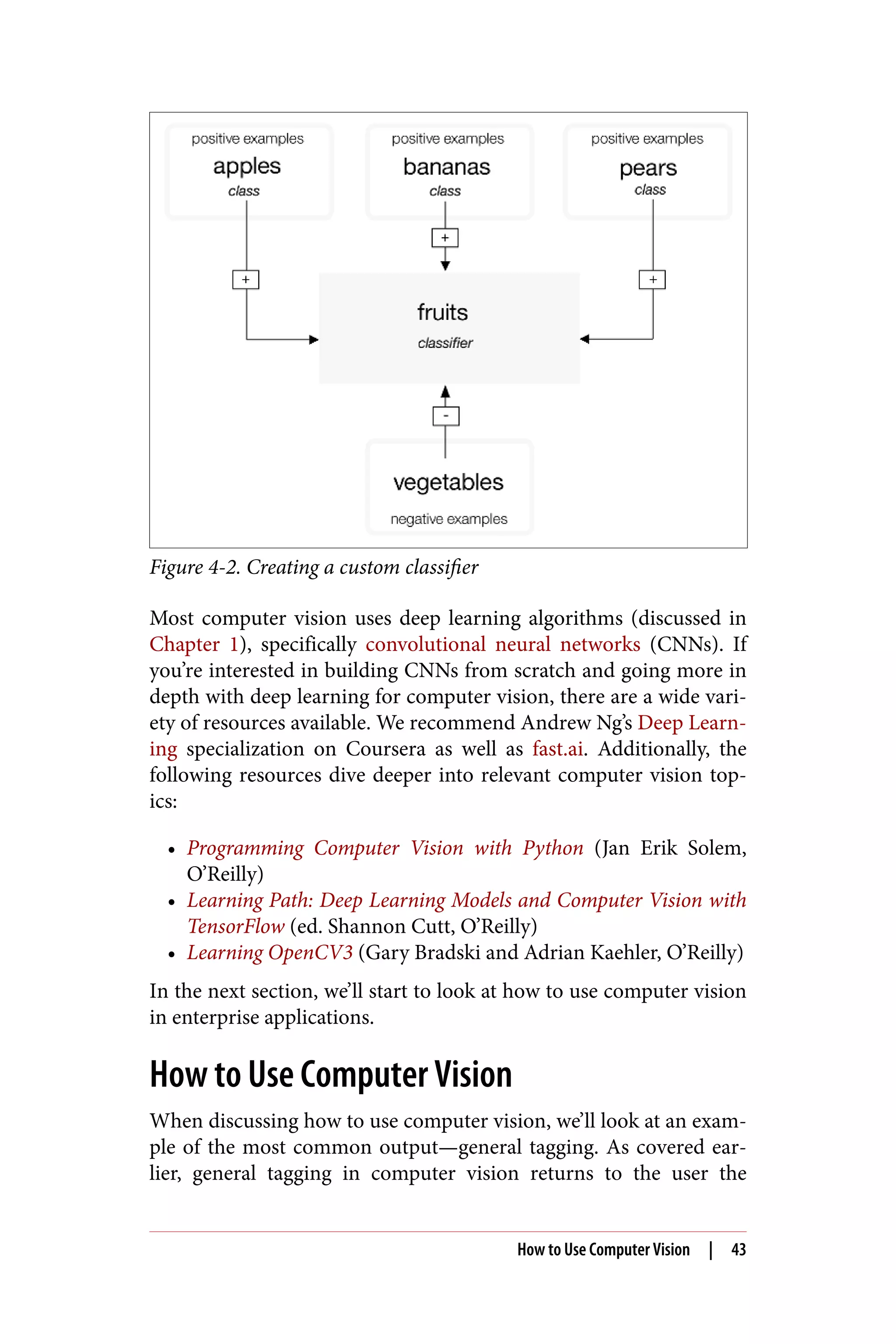 Figure 4-2. Creating a custom classifier
Most computer vision uses deep learning algorithms (discussed in
Chapter 1), specifically convolutional neural networks (CNNs). If
you’re interested in building CNNs from scratch and going more in
depth with deep learning for computer vision, there are a wide vari‐
ety of resources available. We recommend Andrew Ng’s Deep Learn‐
ing specialization on Coursera as well as fast.ai. Additionally, the
following resources dive deeper into relevant computer vision top‐
ics:
• Programming Computer Vision with Python (Jan Erik Solem,
O’Reilly)
• Learning Path: Deep Learning Models and Computer Vision with
TensorFlow (ed. Shannon Cutt, O’Reilly)
• Learning OpenCV3 (Gary Bradski and Adrian Kaehler, O’Reilly)
In the next section, we’ll start to look at how to use computer vision
in enterprise applications.
How to Use Computer Vision
When discussing how to use computer vision, we’ll look at an exam‐
ple of the most common output—general tagging. As covered ear‐
lier, general tagging in computer vision returns to the user the
How to Use Computer Vision | 43
 