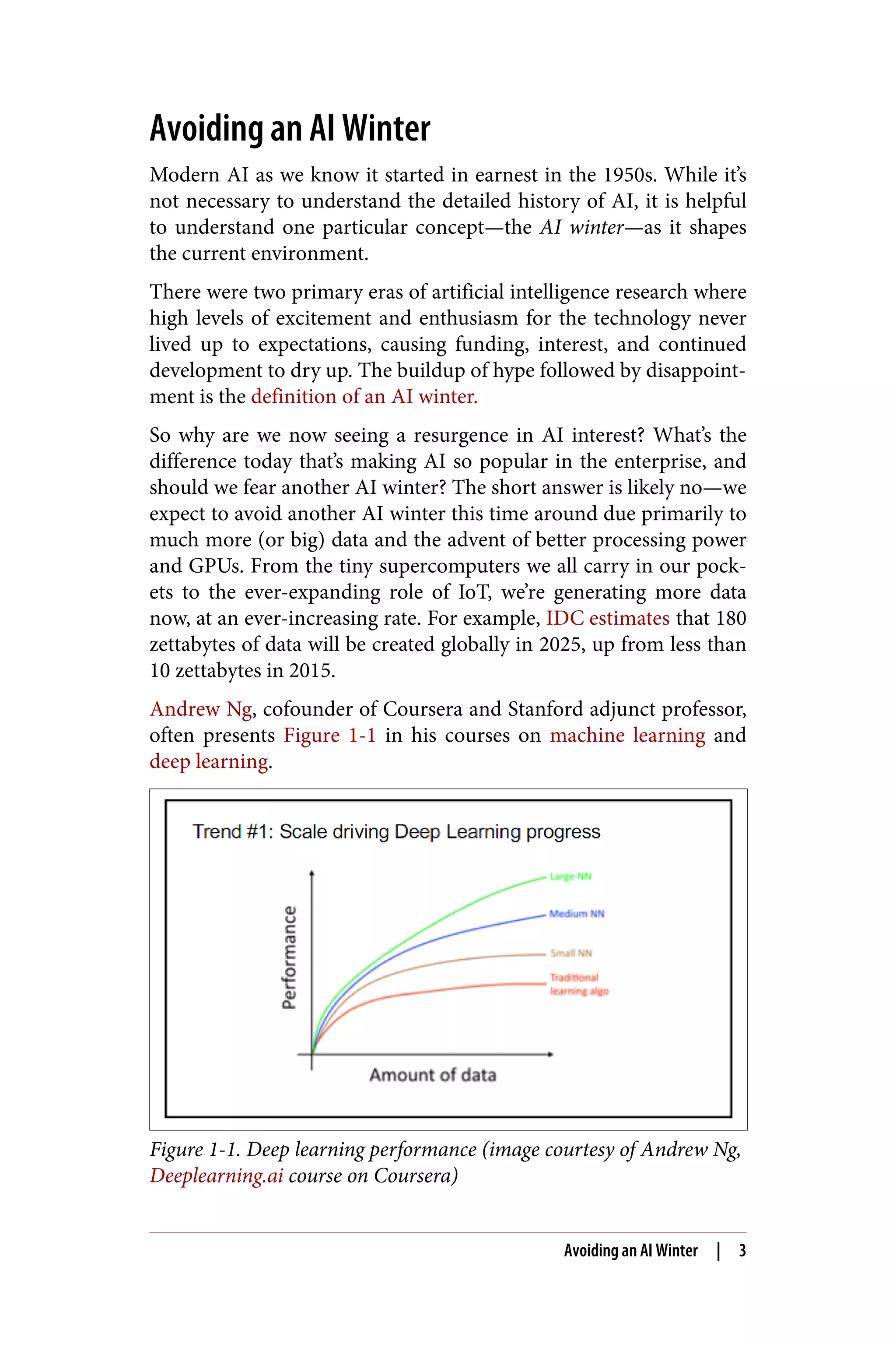 Avoiding an AI Winter
Modern AI as we know it started in earnest in the 1950s. While it’s
not necessary to understand the detailed history of AI, it is helpful
to understand one particular concept—the AI winter—as it shapes
the current environment.
There were two primary eras of artificial intelligence research where
high levels of excitement and enthusiasm for the technology never
lived up to expectations, causing funding, interest, and continued
development to dry up. The buildup of hype followed by disappoint‐
ment is the definition of an AI winter.
So why are we now seeing a resurgence in AI interest? What’s the
difference today that’s making AI so popular in the enterprise, and
should we fear another AI winter? The short answer is likely no—we
expect to avoid another AI winter this time around due primarily to
much more (or big) data and the advent of better processing power
and GPUs. From the tiny supercomputers we all carry in our pock‐
ets to the ever-expanding role of IoT, we’re generating more data
now, at an ever-increasing rate. For example, IDC estimates that 180
zettabytes of data will be created globally in 2025, up from less than
10 zettabytes in 2015.
Andrew Ng, cofounder of Coursera and Stanford adjunct professor,
often presents Figure 1-1 in his courses on machine learning and
deep learning.
Figure 1-1. Deep learning performance (image courtesy of Andrew Ng,
Deeplearning.ai course on Coursera)
Avoiding an AI Winter | 3
 