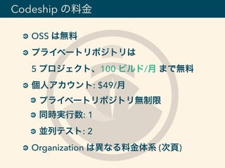 OSS は無料
プライベートリポジトリは 
5 プロジェクト、100 ビルド/月 まで無料
個人アカウント: $49/月
プライベートリポジトリ無制限
同時実行数: 1
並列テスト: 2
Organization は異なる料金体系 (次頁)
Codeship の料金
 