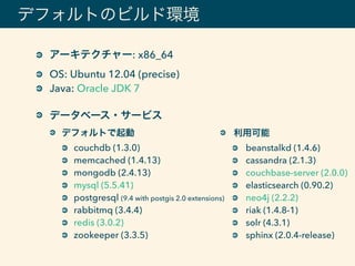 デフォルトのビルド環境
アーキテクチャー: x86_64
OS: Ubuntu 12.04 (precise)
Java: Oracle JDK 7 
データベース・サービス
デフォルトで起動
couchdb (1.3.0)
memcached (1.4.13)
mongodb (2.4.13)
mysql (5.5.41)
postgresql (9.4 with postgis 2.0 extensions)
rabbitmq (3.4.4)
redis (3.0.2)
zookeeper (3.3.5)
利用可能
beanstalkd (1.4.6)
cassandra (2.1.3)
couchbase-server (2.0.0)
elasticsearch (0.90.2)
neo4j (2.2.2)
riak (1.4.8-1)
solr (4.3.1)
sphinx (2.0.4-release)
 
