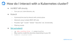 digitalocean.com
How do I interact with a Kubernetes cluster?
● Hit REST API directly
○ Can use curl, client libraries, etc.
● Kubectl
○ Command-line tool to interact with control plane
○ Abstracts away multiple REST API calls
○ Provides “get” “create” “delete” “describe”, etc. functionality
○ Filtering results
● Set up kubectl
○ cp k8s_config_file ~/.kube/config
○ May need to create this directory, depending on your OS
○ kubectl cluster-info
 